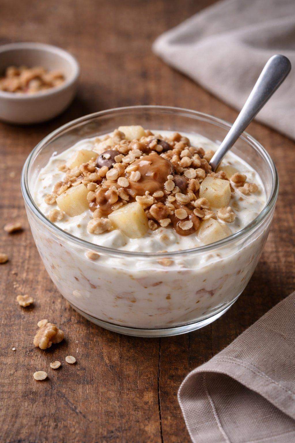 Zdjęcie deseru proteinowego z dodatkami na bazie jogurtu naturalnego. Jest częścią wpisu o przepisie na deser proteinowy.