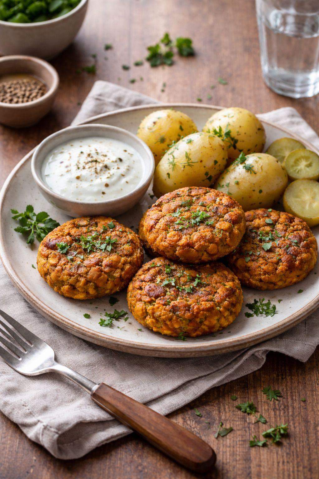 Pomysł na kotlety z ciecierzycy z ziemniakami i sosem. Przepis kulinarny dla zdrowszego odżywiania