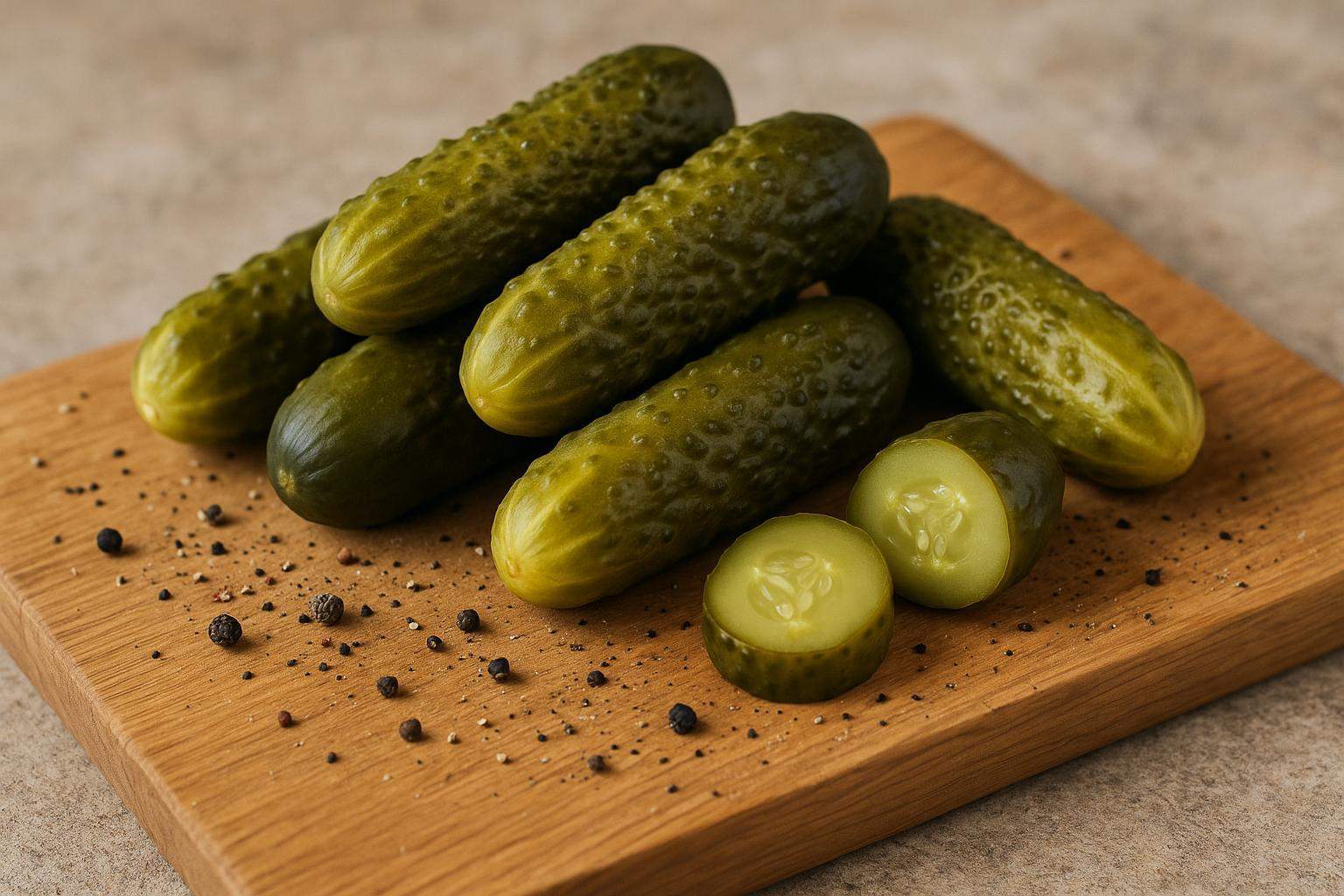Ogórki kiszone ułożone na drewnianej desce, z przekrojonym ogórkiem i ziarnami pieprzu w tle