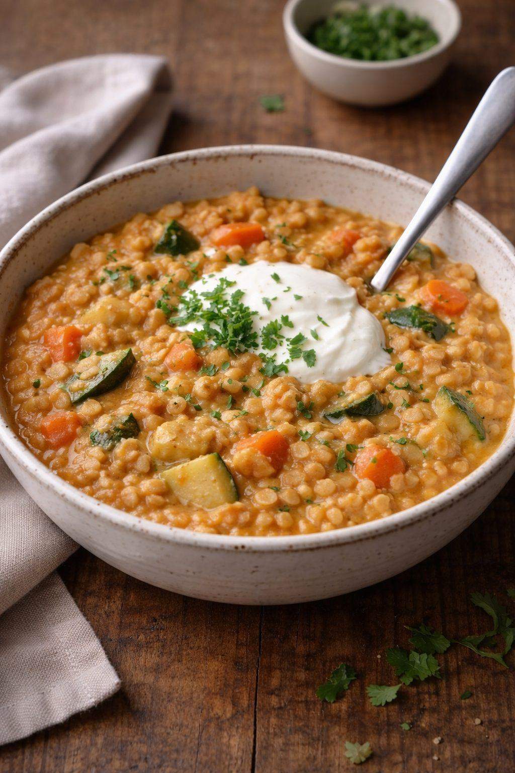 Zdjęcie na którym widać soczewicę i warzywa z kremem. Jest częścią wpisu blogowego o przepisie proteinowym na obiad.