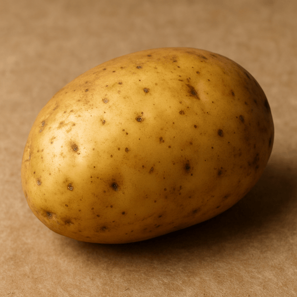 Pojedynczy surowy ziemniak o złocistej skórce leży na jasnym tle, oświetlony miękkim światłem, które podkreśla jego naturalną fakturę i kształt.